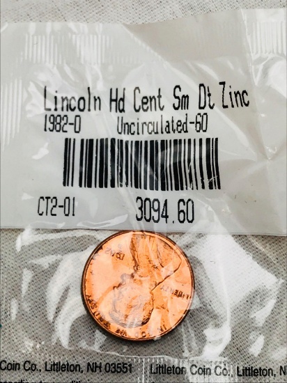 Lincoln Head Cent Sm Dt Zinc 1982-0 Uncirculated - 60 Penny