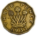 1937 King George Three Pence British Coin