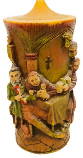 Vintage German Carved Candle with Scene Showing Monks