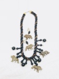 Vintage African Bead Necklace and Earrings with Carved Lions