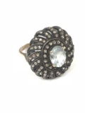 14K Sterling Silver Aquamarine Diamond Ring