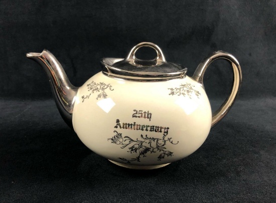 Vintage 25th Anniversary Pearl China Decorated 22 Karate Platinum Rose Teapot