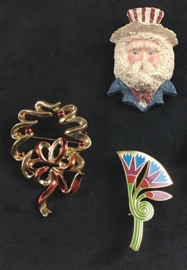 Vintage Americana Uncle Sam Christmas Floral Brooch Pins