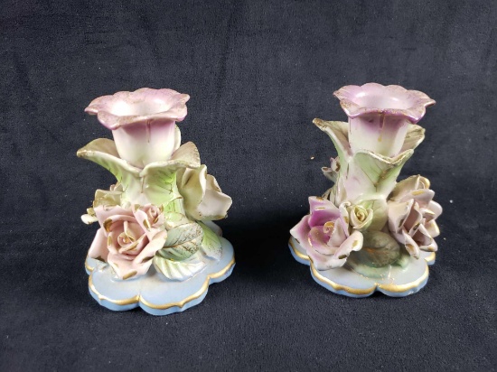 Porcelain Rose Candlestick Holders