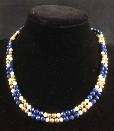 Lapis Lazuli Faux Pearl Bead Necklace