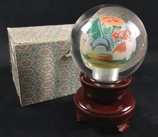 Hand painted Blown Glass Art with Kittens Cats on Revolving Wooden Pedestal Modern