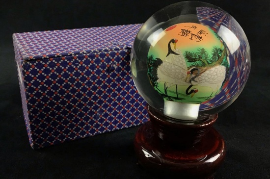 Hand painted Blown Glass Art with Chinese Red Crowned Cranes on Revolving Wooden Pedestal Modern A