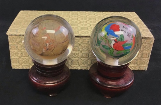 Lot of 2 Hand painted Blown Glass with Chinese Art on Revolving Wooden Pedestal Modern