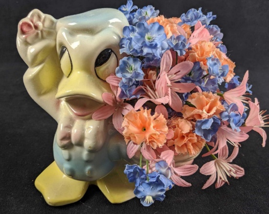 Vintage Disney Donald Duck Flower Pot Ceramic Planter Vase With Plastic Flowers