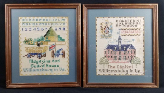 Set of Two Framed Vintage Hand Stitch On Linen of Williamsburg VA