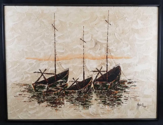 Large Vintage Acrylic Painting of 4 Boats by Marshall 1974