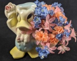 Vintage Disney Donald Duck Flower Pot Ceramic Planter Vase With Plastic Flowers