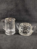 Vintage Glass With Silver Overlay Cream and Sugar Bowl Set of 2