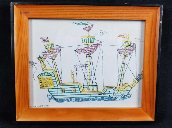 Vintage Peter Pan's Ship Wooden Framed Coloring Book Page Wooden Frame