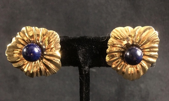 Vintage 14k Gold Lapis Lazuli Flower Earrings