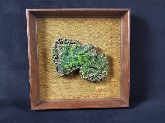 Vintage Framed Replica Green Cat Stone Carving