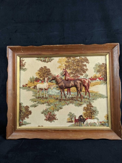 Vintage Framed Fabric 3D Art Horse Scene