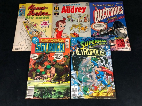 Vintage Lot of 5 Comics Little Audrey - SGT Rock -Hanna Barbera - Super Man -Radio Shack