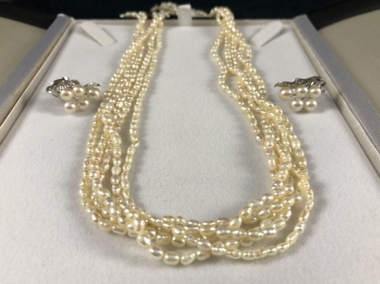 Vintage Sterling Silver Pearl Earnings & Necklace Set