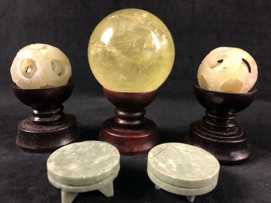 Vintage Chinese Jade Puzzling Sphere & Incense Stands