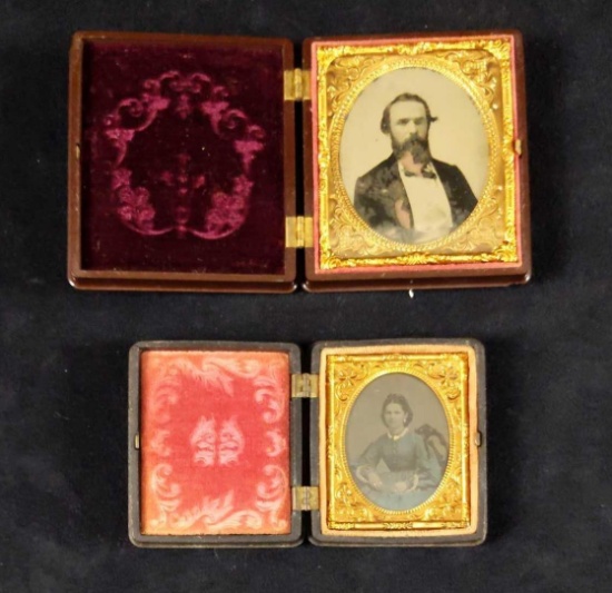Two Antique Tintype Portrait W Gutta Percha Cases