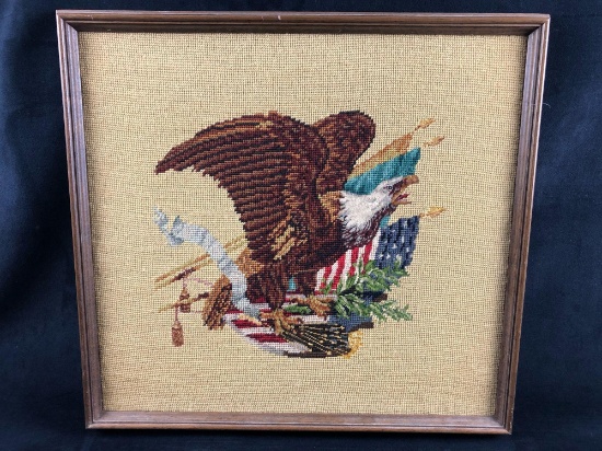 Vintage 1960's Needlepoint American Eagle Patriotic Scene By Mathidle Young Johnson