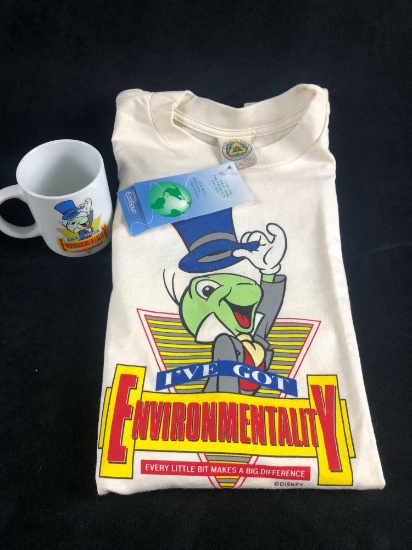 Disney Jiminy Cricket " Iv Got Environmentality "Recycled Tee Shirt XXL & Mug