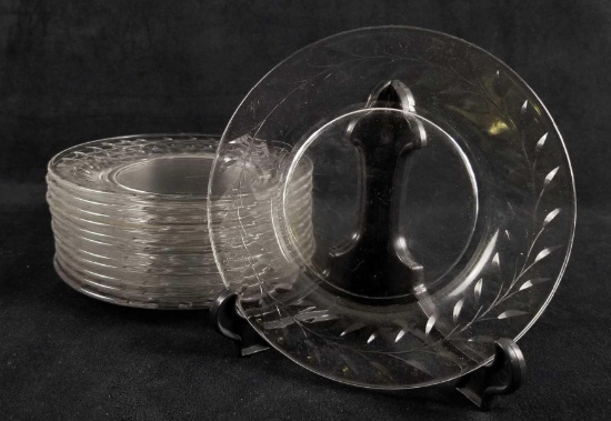 Set of 12 Glass Plates with Pressed Design Along Trim