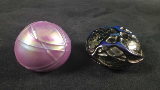 Lot of 2 Vintage Iridescent Glass art Paperweights Signed OBG and Jackson