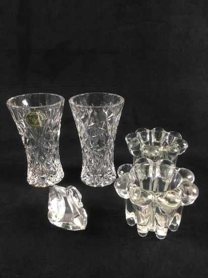 2 Lenox Crystal Miniature Bud Vase 1 Swarovski Crystal Swan 2 Molded Glass Candlestick Holders