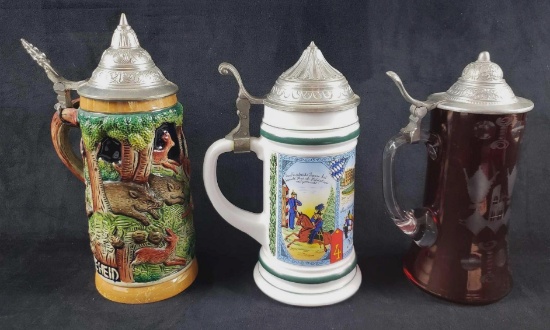 Lot of 3 Vintage German Lidded Beer Steins Including a Rare Cut Ruby Glass Stein