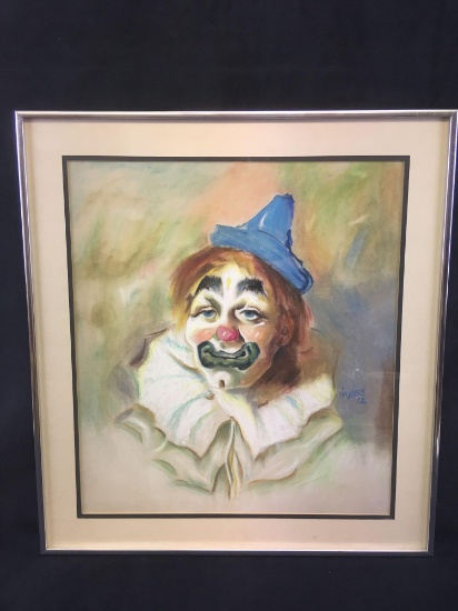 Vintage Original Chalk Pastel Art Clown Portrait Signed Haynes
