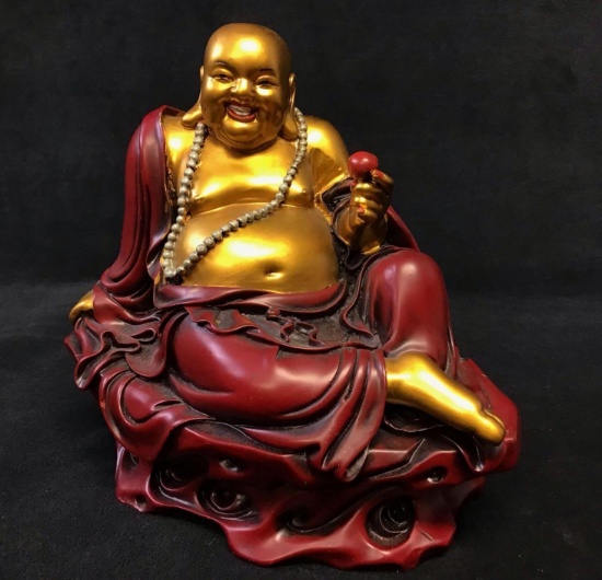 Modern Buddha Statue Red and Gold Relaxing Holding a Red Ball Wealth and Prosperity