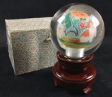 Hand painted Blown Glass Art with Kittens Cats on Revolving Wooden Pedestal Modern