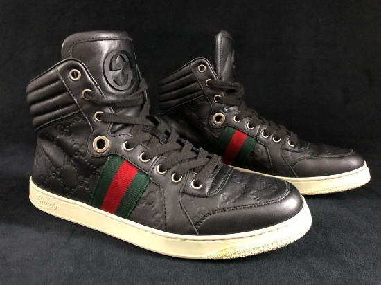 Authentic Gucci 221825 Size 7.5 G (US 8.5) Black Leather Hightop Sneakers |  Art, Antiques & Collectibles Collectibles | Online Auctions | Proxibid
