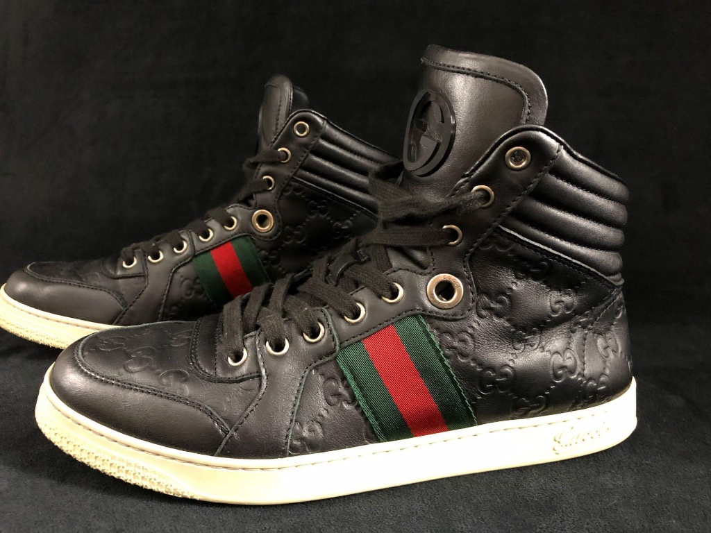 Authentic Gucci 221825 Size 7.5 G (US 8.5) Black Leather Hightop Sneakers |  Art, Antiques & Collectibles Collectibles | Online Auctions | Proxibid