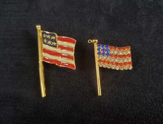 Lot of 2 Gold Tone American Flag Brooches
