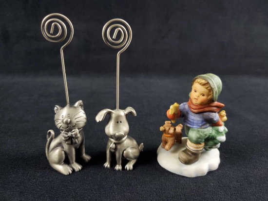 Pewter Dog And Cat Card Holder And Goebel Figure