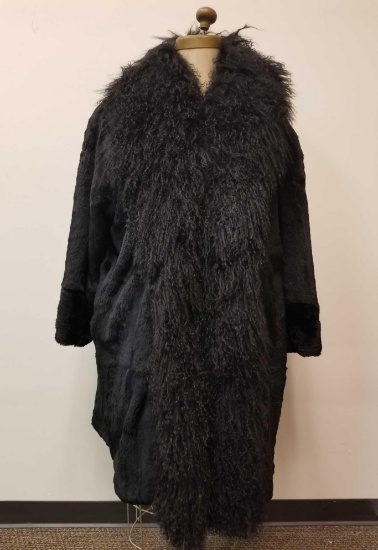 Long Black Rabbit Fur Coat with Dramatic Wool Collar and Trim By Carole Little
