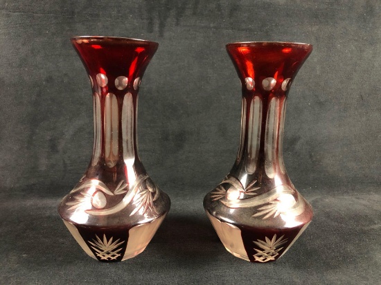 Ruby Red Cut to Clear Crystal Bouquet Vase Bohemian