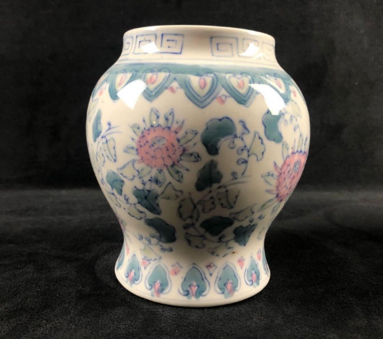 Vintage Porcelain Hand Painted Glazed Pink Turquoise Decor Vase