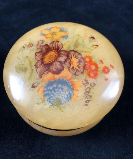Vintage Hand Carved Jewelry Trinket Box Round Hinged Alabaster Marble Flower Bouquet Italy