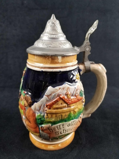 Vintage German Beer Stein with Pewter LId featuring Gambling Men