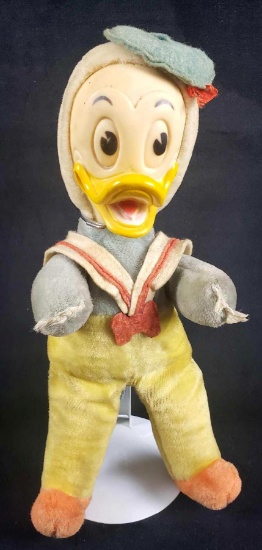 Walt Disney Productions Woolkin Original Stuffed Donald Duck Toy on Display Stand