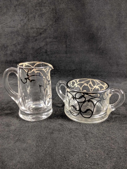 Vintage Glass With Silver Overlay Cream and Sugar Bowl Set of 2