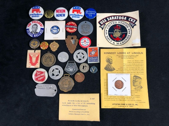 Vintage Collection Of Military - presidential -Tokens - Buttons - Stickers -Coins