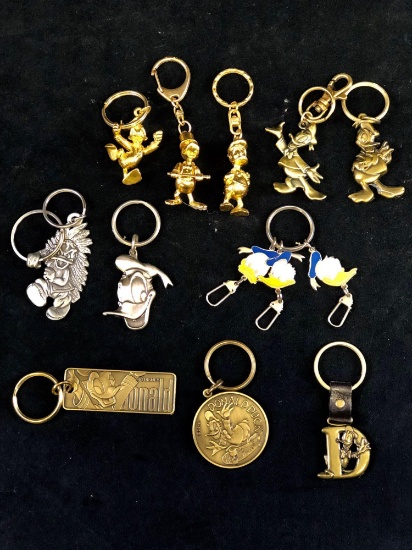 Lot of 11 Vintage Donald Duck Disney Park Metal Brass Pendant Charm Key Chain Rings
