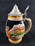 Vintage German Beer Stein with Pewter LId featuring Gambling Men