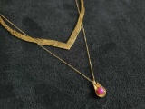 Two 14K Gold Necklaces V Shape and Star Ruby Cabochon