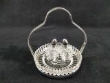 Crystal Platter Salt Pepper Shakers Steel Tops Rose Leaves Silver Set